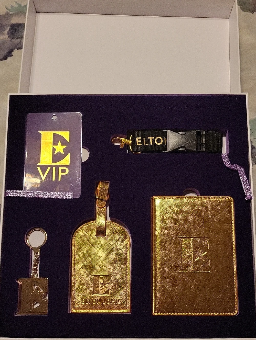 Elton John VIP Gold Travel Accessory Set - Luggage Tag, Keyring & Passport Cover